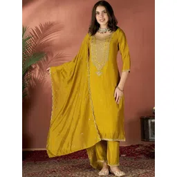 KALINI Women Ethnic Motifs Embroidered Regular Kurta with Trousers & With Dupatta-image-26