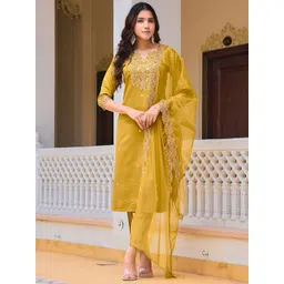 KALINI Women Ethnic Motifs Embroidered Regular Sequinned Chanderi Cotton Kurta with Trousers & With Dupatta-picture-13