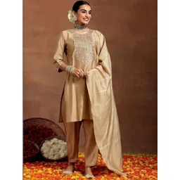 KALINI Women Ethnic Motifs Embroidered Regular Thread Work Chanderi Silk Kurta with Trousers & With Dupatta-image-24