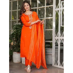 KALINI Women Ethnic Motifs Embroidered Regular Thread Work Kurta with Trousers & Dupatta-image-33