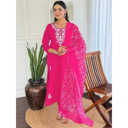 KALINI Women Ethnic Motifs Embroidered Regular Thread Work Kurta with Trousers & With Dupatta-image-5