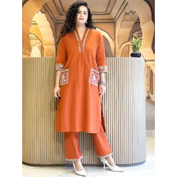 KALINI Women Ethnic Motifs Embroidered Regular Thread Work Pure Cotton Kurta with Trousers-picture-22