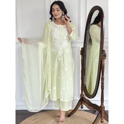 KALINI Women Ethnic Motifs Embroidered Regular Thread Work Pure Cotton Kurta with Trousers & With Dupatta-picture-23