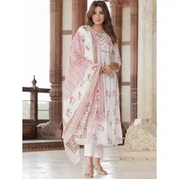 KALINI Women Ethnic Motifs Printed Pleated Pure Cotton Kurta with Trousers & With Dupatta-picture-11