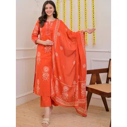 KALINI Women Ethnic Motifs Printed Regular Mirror Work Pure Cotton Kurta with Trousers & With Dupatta-picture-23