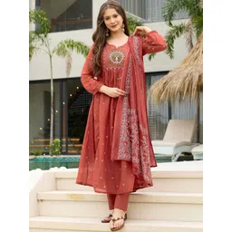 KALINI Women Floral Embroidered Pleated Pure Cotton Kurta with Trousers With Dupatta-picture-40