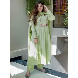 KALINI Women Floral Embroidered Pleated Thread Work Chanderi Silk Kurta with Trousers & With Dupatta-picture-39