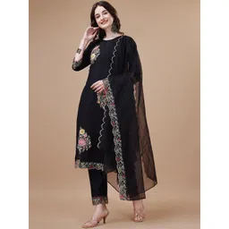 KALINI Women Floral Embroidered Regular Thread Work Chanderi Cotton Kurta with Trousers & With Dupatta-picture-21