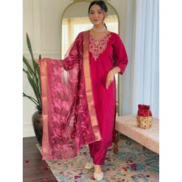 KALINI Women Floral Embroidered Regular Thread Work Chanderi Silk Kurta with Trousers & With Dupatta-picture-32