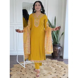 KALINI Women Floral Embroidered Regular Thread Work Kurta with Trousers & With Dupatta-picture-21