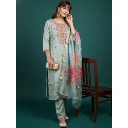 KALINI Women Floral Embroidered Regular Thread Work Kurta with Trousers & With Dupatta-picture-18