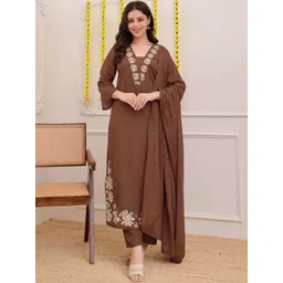 KALINI Women Floral Embroidered Regular Thread Work Kurta with Trousers & With Dupatta-picture-32