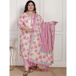 KALINI Women Floral Printed Cotton Kurta & Trousers With Dupatta image 1