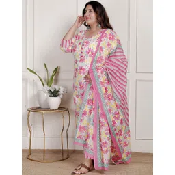 KALINI Women Floral Printed Cotton Kurta & Trousers With Dupatta image 2