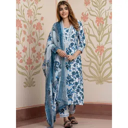 KALINI Women Floral Printed Cotton Kurta with Churidar & Dupatta-picture-29