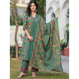 KALINI Women Floral Printed Empire Sequinned Pure Cotton Kurta with Trousers & With Dupatta-picture-35