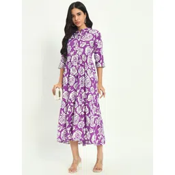 KALINI Women Floral Printed Mandarin Collar Fit and Flare Midi Ethnic Dress-picture-32