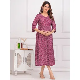 KALINI Women Floral Printed Maternity Fit and Flare Midi Dress-picture-34