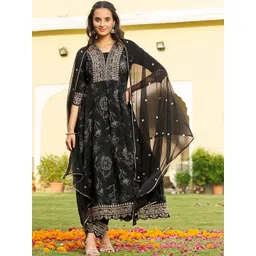 KALINI Women Floral Printed Panelled Thread Work Kurta with Trousers & With Dupatta-picture-33