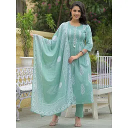 KALINI Women Floral Printed Pure Cotton Kurta with Trousers & With Dupatta Kurta Sets-picture-27
