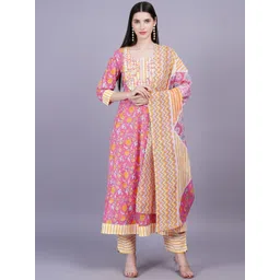 KALINI Women Floral Printed Regular Mirror Work Pure Cotton Kurta with Trousers & With Dupatta-picture-33