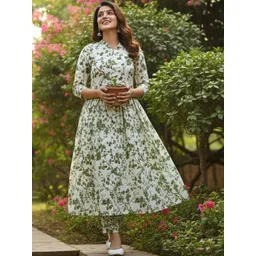 KALINI Women Floral Printed Regular Pure Cotton Kurta with Trousers-picture-24