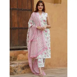 KALINI Women Floral Printed Regular Pure Cotton Kurta with Trousers & With Dupatta-picture-29