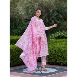 KALINI Women Floral Printed Regular Pure Cotton Kurta with Trousers & With Dupatta-picture-24