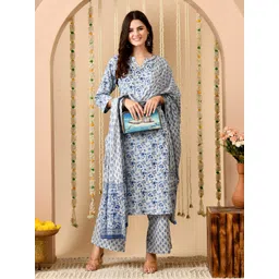 KALINI Women Floral Printed Regular Pure Cotton Kurta with Trousers & With Dupatta-picture-32