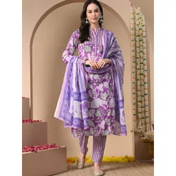 KALINI Women Floral Printed Regular Pure Cotton Kurta with Trousers & With Dupatta-picture-33
