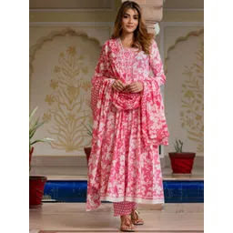 KALINI Women Floral Printed Regular Sequinned Pure Cotton Kurta with Trousers & Dupatta-picture-19