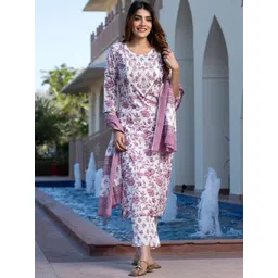 KALINI Women Floral Printed Regular Thread Work Pure Cotton Kurta with Trousers & With Dupatta-picture-18