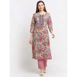 KALINI Women Floral Printed Thread Work Pure Cotton Kurta with Trousers & With Dupatta-image-36