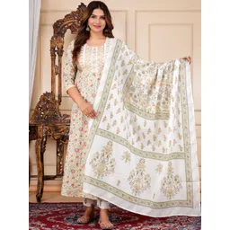 KALINI Women Floral Printed Tiered Thread Work Pure Cotton Kurta with Trousers & With Dupatta-picture-31