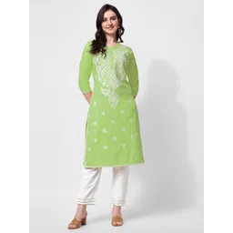 KALINI Women Green Embroidered Thread Work Pure Cotton Kurta with Trousers-image-45