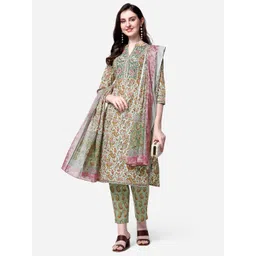 KALINI Women Green Floral Printed Gotta Patti Pure Cotton Kurta with Trousers & With Dupatta-image-47