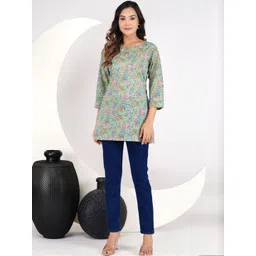 KALINI Women Green Floral Printed Mandarin Collar Cotton Top-picture-35