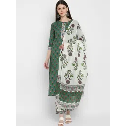 KALINI Women Green Floral Printed Pure Cotton Kurta with Trousers & Dupatta-image-39