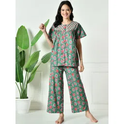 Kalini Women Green Pure Cotton Floral Printed Lounge Wear Set-image-34