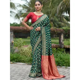 KALINI Women Green Woven Design Silk Blend Banarasi Sarees With Blouse Piece-picture-29