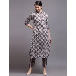 KALINI Women Grey & Coral Ethnic Motifs Printed Kurta-picture-20