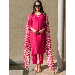 KALINI Women Leheriya Embroidered Regular Kurta with Trousers & With Dupatta-picture-38