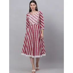 KALINI Women Maroon And White Striped Embroidered Yoke Design Cotton Anarkali Kurta-image-12
