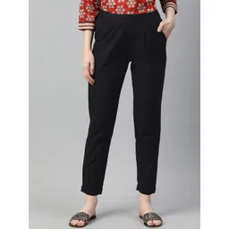 KALINI Women Mid Rise Plain Relaxed Cotton Slim Fit Pleated Trousers-picture-41