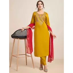 KALINI Women Mustard Chanderi Silk Embroidered Kurta Sets image 1