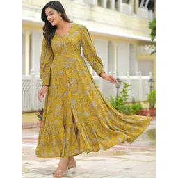 KALINI Women Mustard Floral Print Viscose Rayon V-Neck Puff Sleeve Fit & Flare Maxi Dress-picture-22