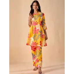KALINI Women Mustard Floral Printed Cotton Shirt & Trousers Co-Ord Set-picture-32