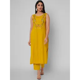 KALINI Women Mustard Yellow Embroidered Mirror Work Kurta with Trousers-picture-17