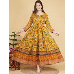 KALINI Women Mustard Yellow Floral Printed Anarkali Fusion Kurta-picture-31