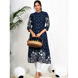 KALINI Women Navy Blue Floral Printed A-Line Cotton Kurta-picture-14